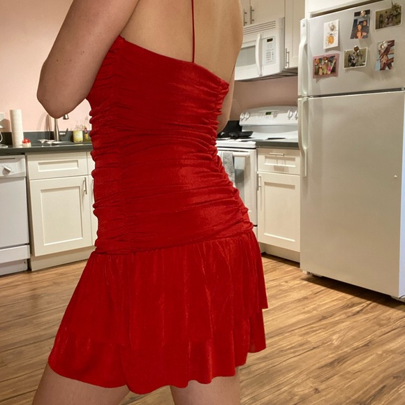 Shiny Stretchy Red Drop Waist Rouched Mini Dress Forever 21 - Picture 4 of 6